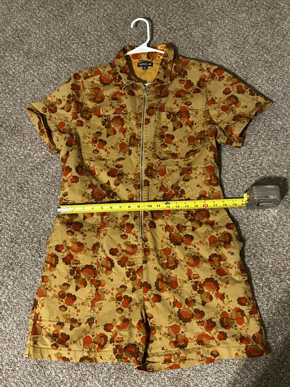 Toad&Co zip-front utility romper in a unique earthy floral print. - Picture 7 of 8